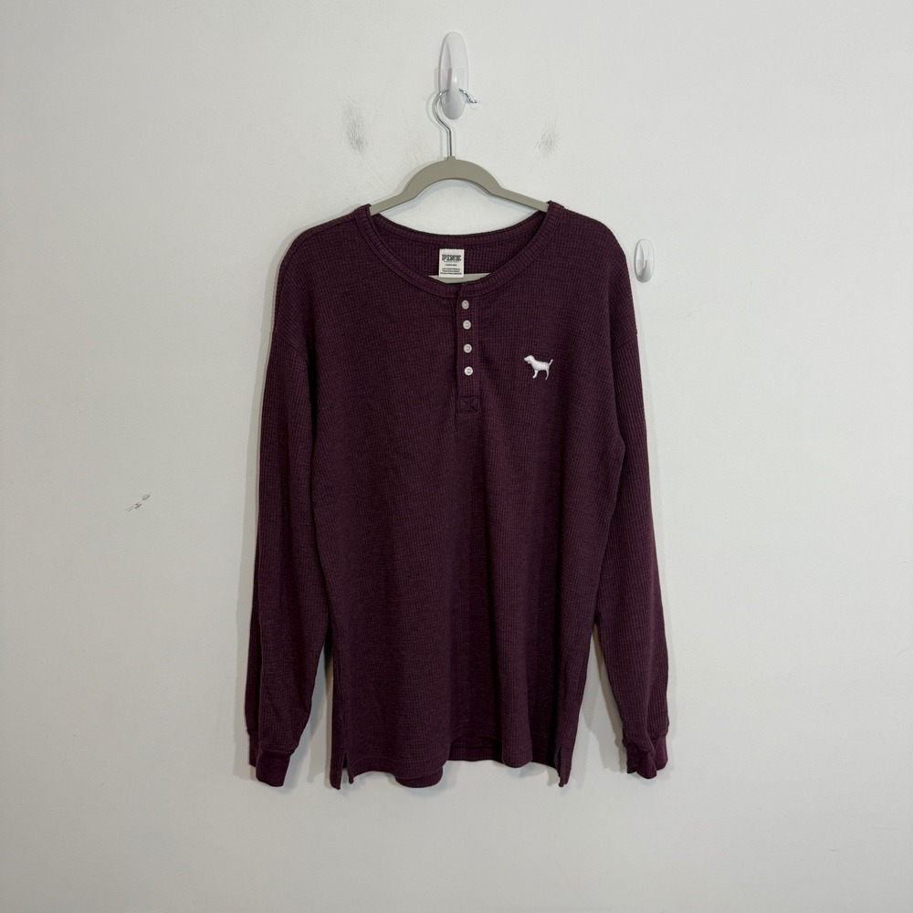 Victorias Secret PINK Womens Pajama Shirt L Purple Waffle Knit Henley Logo